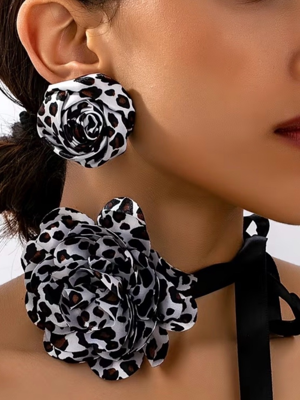 Leopard Print Rose Jewelry Set  — Floral Choker Necklace & Rose Bud Earrings